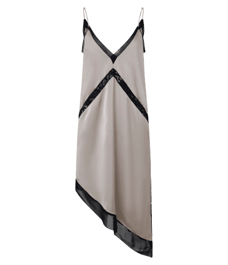 Vestido Midi em Tecido Acetinado com Detalhes em Renda e Barra Assimétrica