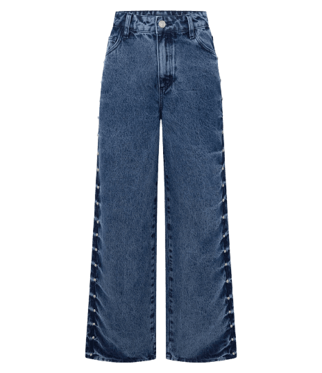 Calça Wide em Jeans com Tachas Laterais e Cintura Média