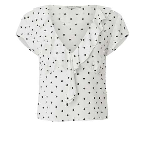 Blusa Manga Curta com Babados e Estampa Poá Branco