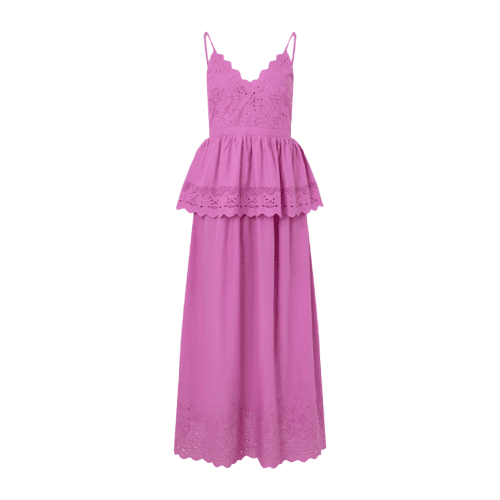 Vestido Evasê Midi em Laise com Sobreposição e Bordados Rosa