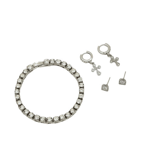 Kit Brinco Metal Cruz e Solitário com Pulseira Cravejada