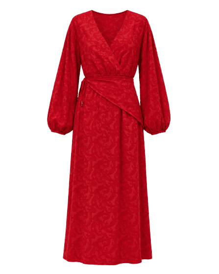 Vestido Longo Transpassado com Mangas Amplas e Cintura Marcada