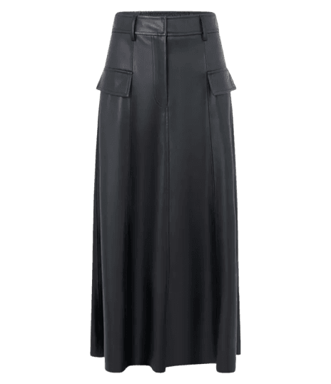 Saia Evasê Midi em PU com Passantes e Lapelas Frontais Preto