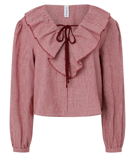 Camisa em Tricoline Xadrez com Babados e Amarração no Decote Vermelho