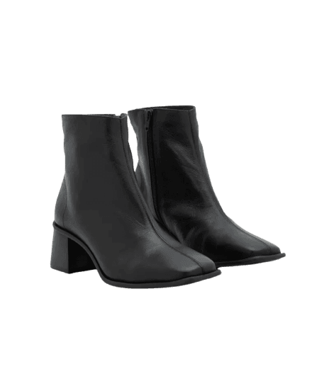 Bota Cano Médio em Couro com Bico Quadrado e Salto Bloco Preto