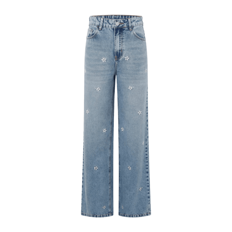 Calça Jeans Reta em Denim com Estampa Flor Hibiscos Azul