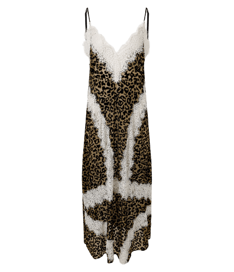 Vestido Longo Evasê com Estampa Animal Print e Renda