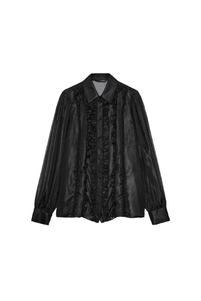 CAMISA SEMI-TRANSPARENTE COM BABADO E BORDADOS