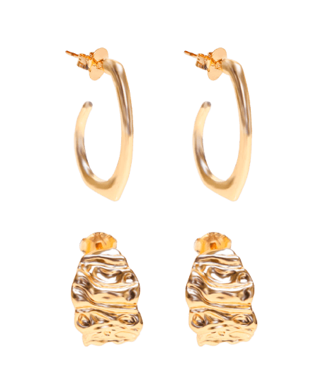 kit de 2 brincos argolas com textura dourado