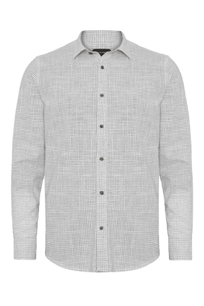 Camisa Manga Longa Regular Mini Xadrez Mescla Branco Com Cinza