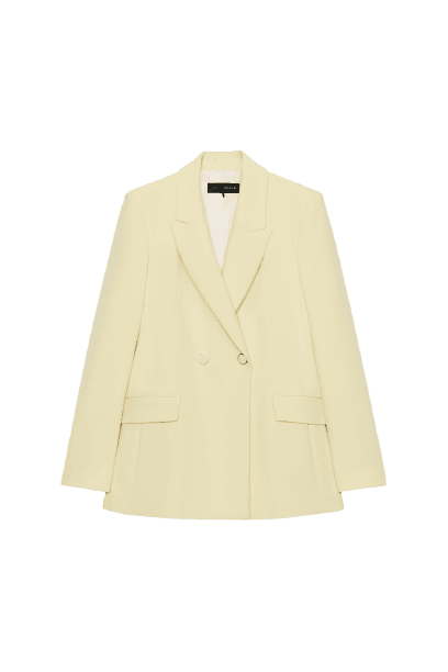 Conjunto amarelo de blazer transpassado com gola de lapela