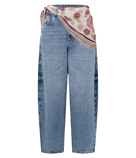Calça Barrel em Jeans com Lenço Boho e Cintura Média