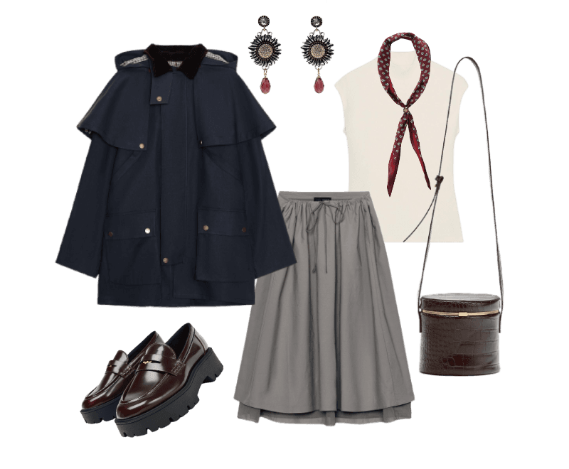 Elegância atemporal: look feminino com casaco capa e saia midi