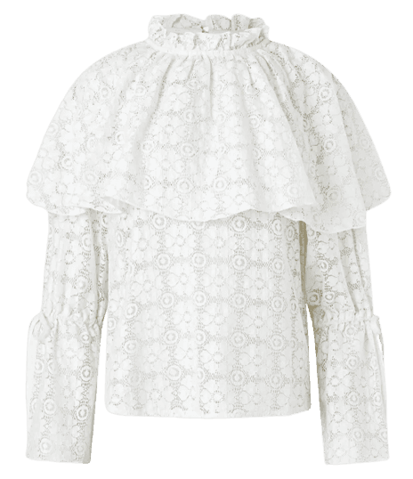 Blusa Manga Longa em Laise com Babados e Amarração nos Punhos. Branco