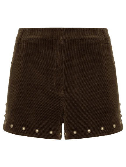 Short Feminino Veludo Barra Tachas Marrom
