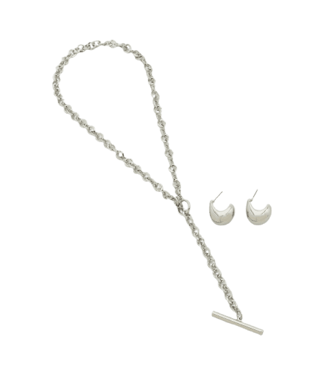 Conjunto de Colar Gravata e Brincos em Metal Prata