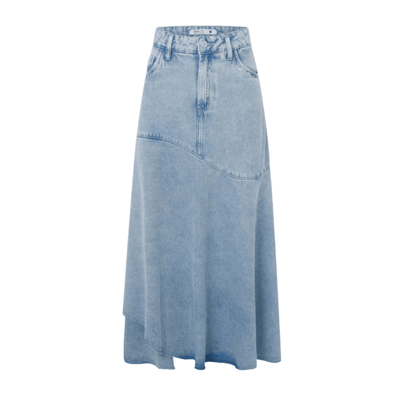 Saia Midi em Jeans Delave com Barra Irregular Azul