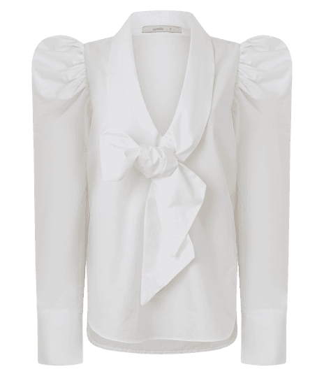 Blusa em Tricoline com Manga Volumosa e Gola Laço