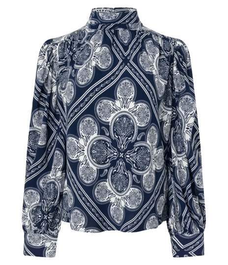 Blusa em Viscose com Manga Bufante e Estampa Paisley Azul