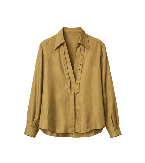 Camisa De Cupro Verde Antique Manga Longa Detalhe Em Ilhós