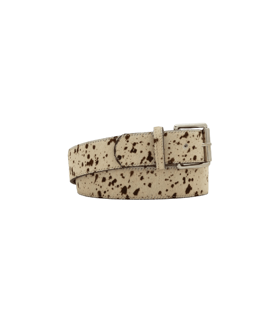 Cinto Médio em Couro com Estampa de Vaca Bege