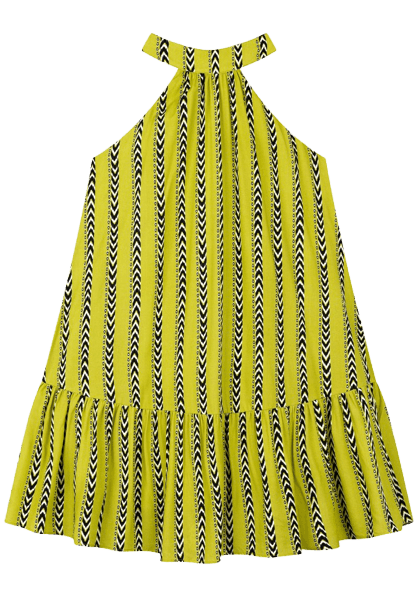 Vestido Curto Estampado Com Gola E Amarração