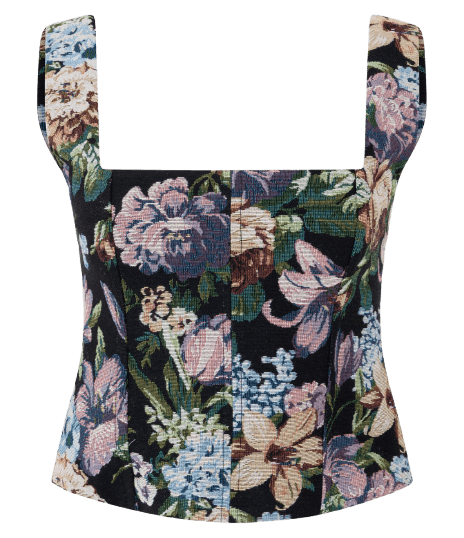 Blusa Corset em Jacquard Floral com Alça Larga e Decote Quadrado