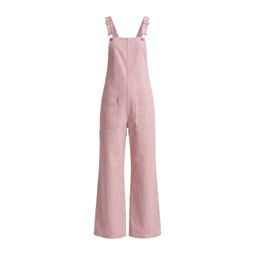 Jardineira Pool Jeans com bolso feminina em sarja listrada - Vermelho Claro