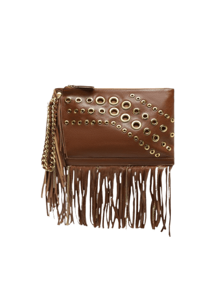 Clutch Marrom Couro Média Franjas Ilhoses