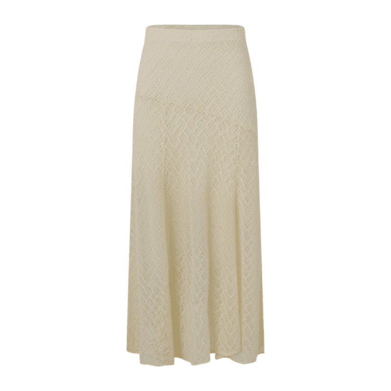 Saia Long Midi em Renda com Ponto Vazado Bege