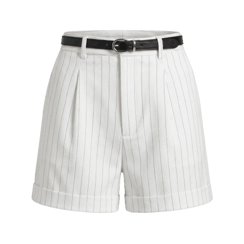 short feminino de alfaiataria risca de giz com cinto off white