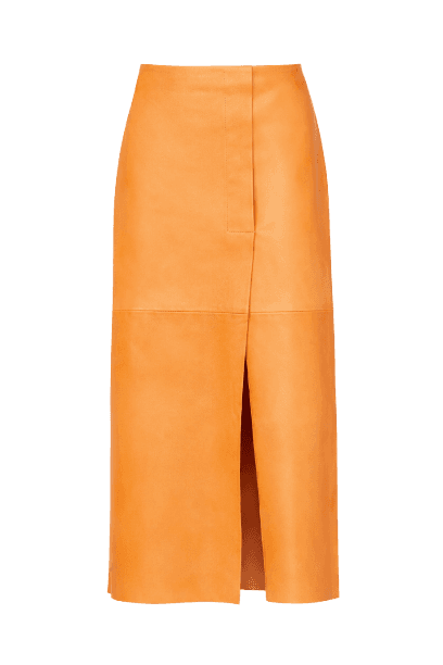 Saia De Couro Midi Classica Fenda Laranja