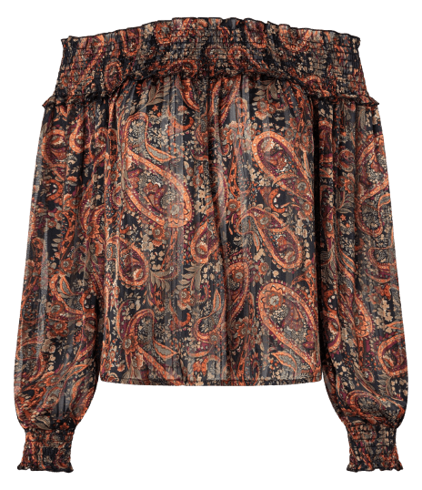 Blusa Bata em Chiffon com Decote Ombro a Ombro e Estampa Paisley