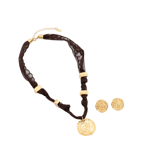 Conjunto Colar e Brinco em Metal com Pingente Texturizado