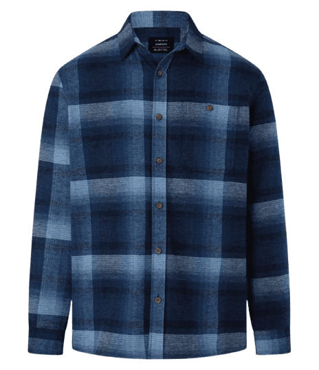 Camisa Comfort Em Algodão Xadrez Com Bolso E Manga Longa Azul Marinho