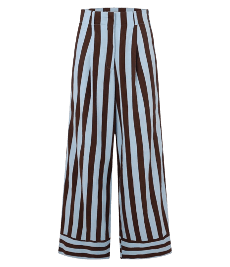 Calça Cintura Alta em Tricoline com Listras Verticais Azul/Marrom