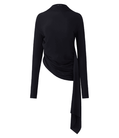 Blusa Feminina Manga Longa Gola Alta com Drapeado Assimétrico