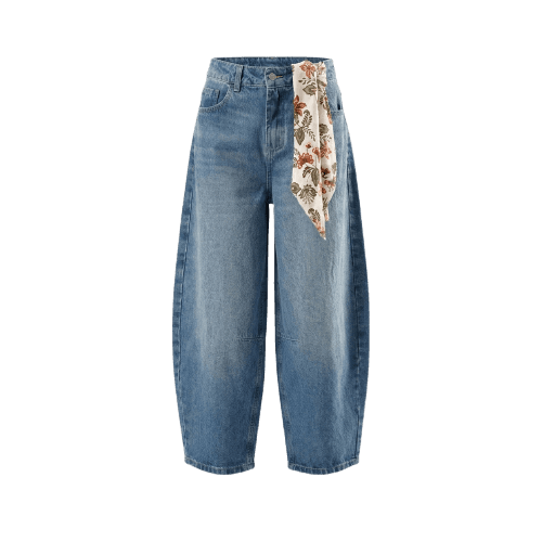 calça baggy cropped feminina jeans com lenço azul
