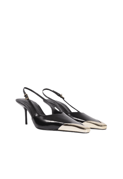 Slingback Biqueira de Metal Couro Preto