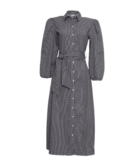 Vestido Chemise Midi Estampado Xadrez Vichy Manga Bufante com Faixa Para Amarrar Mindset Preto