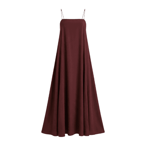 Vestido longo evasê decote reto - vinho