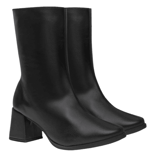 Bota Feminina Couro Cano Médio Salto Grosso Bico Quadrado