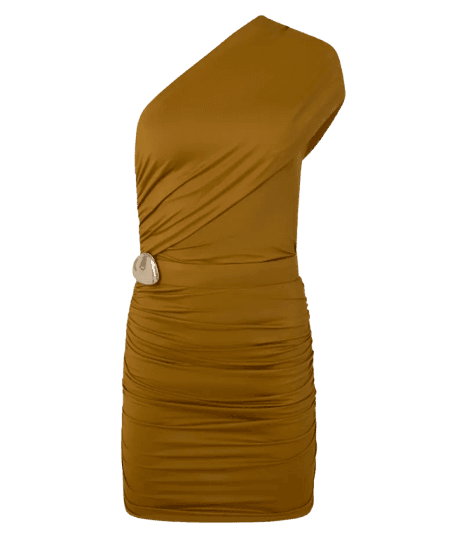 Vestido Curto em Microfibra com Decote Ombro Só e Cinto Marrom