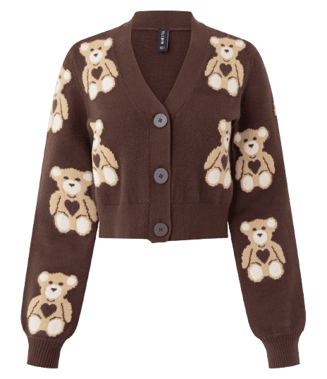 Cardigan Curto em Jacquard com Botões e Ursinhos em Repetição