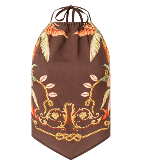 Blusa Frente Única em Viscose com Estampa Tropical Marro