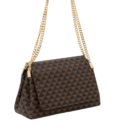 Bolsa Shoulder Média em PU Estampa Triângulos e Alça com Corrente Marrom