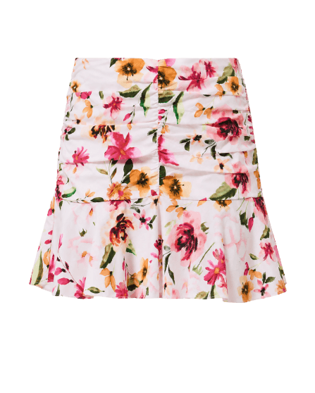 Saia Curta em Tricoline com Estampa Floral e Drapeado