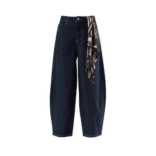 calça baggy cropped feminina jeans com lenço azul