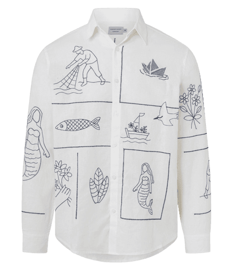 Camisa Comfort Em Linho Com Patchwork Fundo Do Mar Bordado Branco