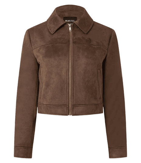 Jaqueta em Suede com Gola de Lapela e Bolso Lateral Marrom